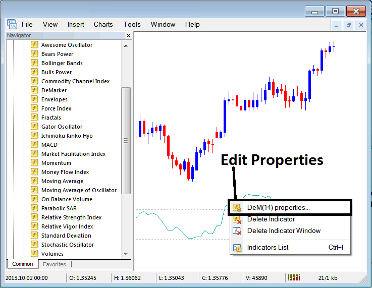 How Do I Edit Demarker Indicator Properties on MT4? - Place DeMarker Technical Indicator on Forex Chart on MetaTrader 4 - MetaTrader 4 Demarker Indicator for Forex Trading