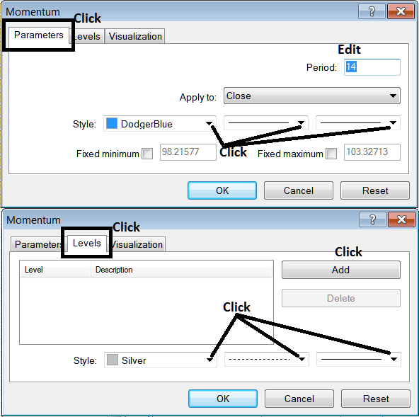 Edit Properties Window For Editing Momentum Indicator Settings
