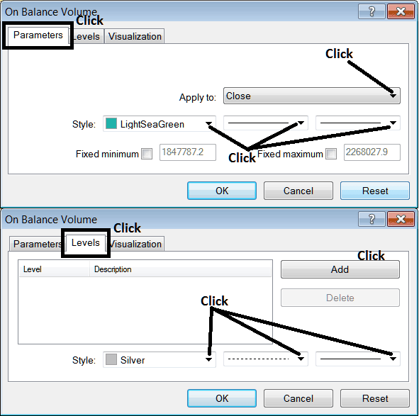 Edit Properties Window for Editing On Balance Volume Indicator Setting - OBV Indicator Meta Trader 4 - MT4 OBV Indicator