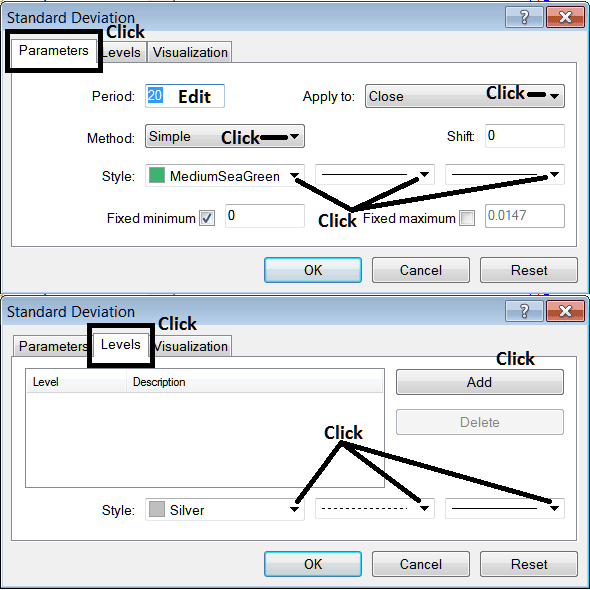 Edit Properties Window for Editing Standard Deviation Indicator Settings - MT4 Standard Deviation Indicator PDF